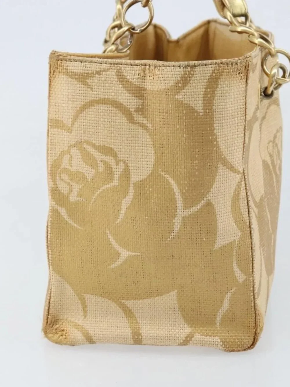 CHANEL Tote Bag Straw Beige Gold CC Auth bs33645